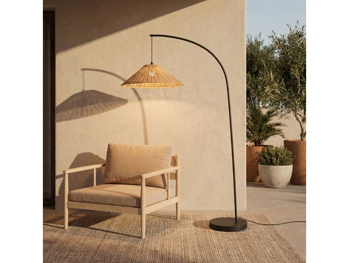 Lampadaire d'extérieur Taniola, 195 cm, E27, conique, rotin, IP44 - Lucande - Terrasse - Rustique - Bois - À ampoule unique