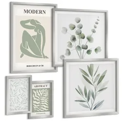 BILDER SET 5er Set - 50x50 cm & 20x30 cm & 40x60 cm Silberner Rahmen - Matisse entwirft Boho-Pflanzen