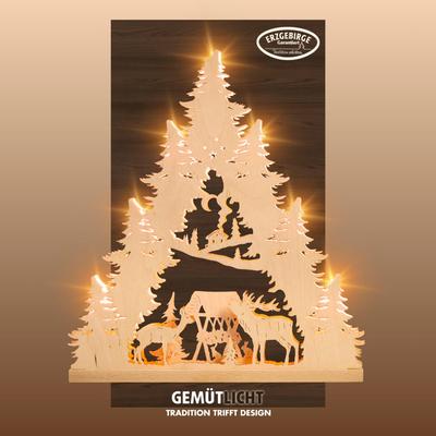Lichterbogen WEIGLA "Hirschfamilie, Lichterspitze aus Holz, NATUR, Made in Germany", beige (natur), B:38cm H:43cm T:4,5cm, Holzwerkstoff, Schwibbögen, Erzgebirge garantiert, Weihnachtsdeko Innen, Weihnachtsbeleuchtung