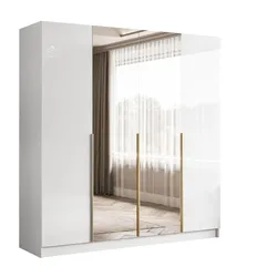 KLEIDERSCHRANK AUREL 4D in Weiß hochglanz mit Spiegel mit goldenen Griffen