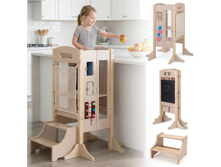 Opvouwbare Leertoren 3-in-1 Montessori-leerstoel met Krijtbord in Hoogte Verstelbare Keukenhulp met Kantelbeveiliging