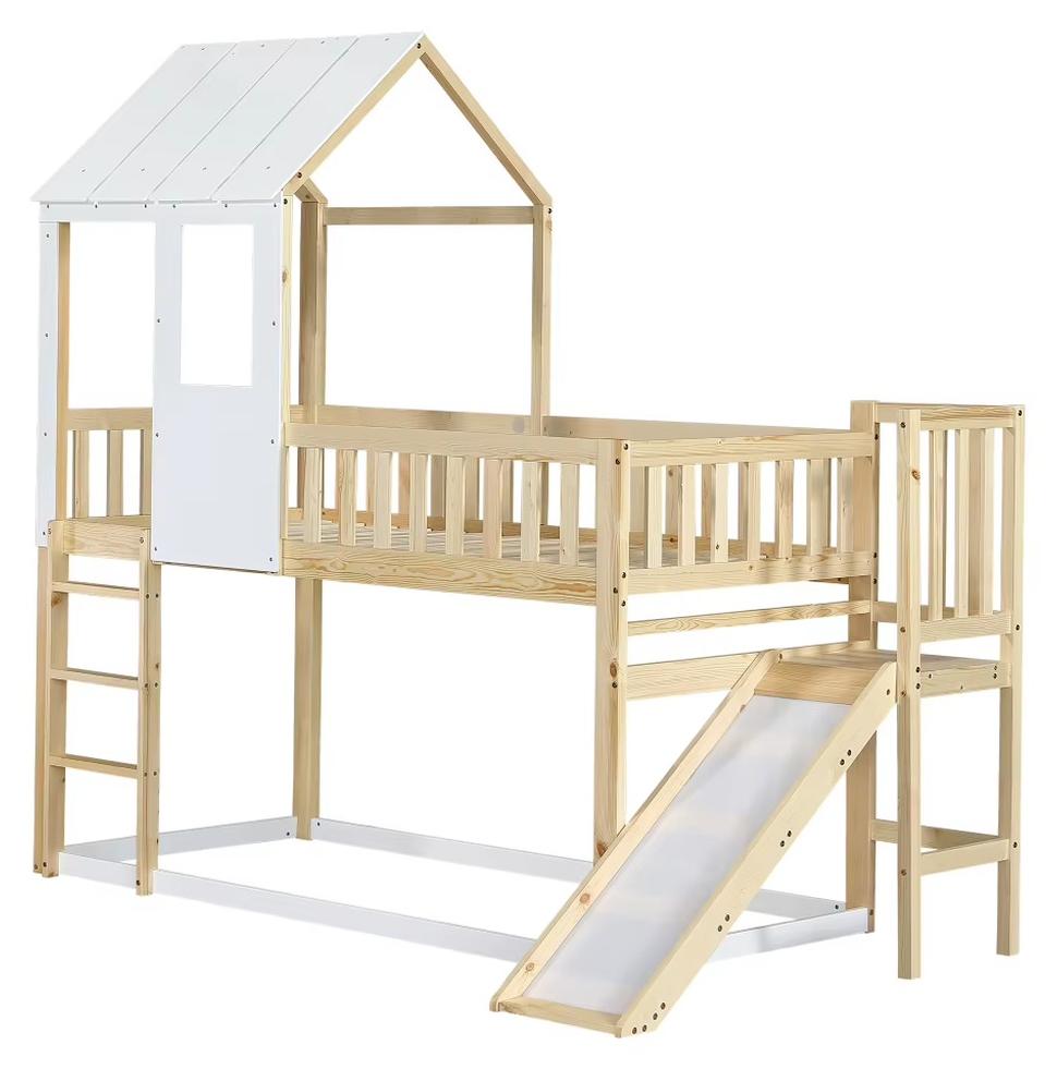 Kinderhaus-Etagenbett - Etagenbett - Rutsche - Dachfenster - Sicherheitsgitter - Holz - 90 x 200 cm - Natur