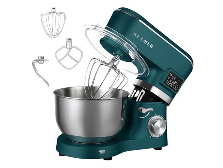 KLAMER Classic Küchenmaschine 1400 W mit 5,5 L Edelstahlschüssel Knetmaschine mit planetarischem Rührwerk verarbeitet schwere Brotteige mühelos, arbeitet gleichmäßig mit Fermentierfunktion