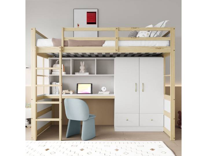 Lit Mezzanine Enfant - MERAX - 90x200 cm - Bureau Intégré - Armoire et Tiroirs - Design Moderne