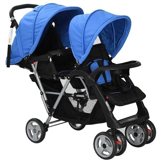 Tandem-Kinderwagen für zwei Kinder Geschwisterwagen Klappbar mit großem Korb Blau Schwarz 6-36 Monate