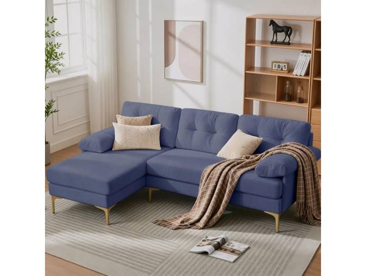 ELVORIN Canapé d angle 187 5 x 130 x 79 cm chenille bleue structure bois pieds métal 3 places