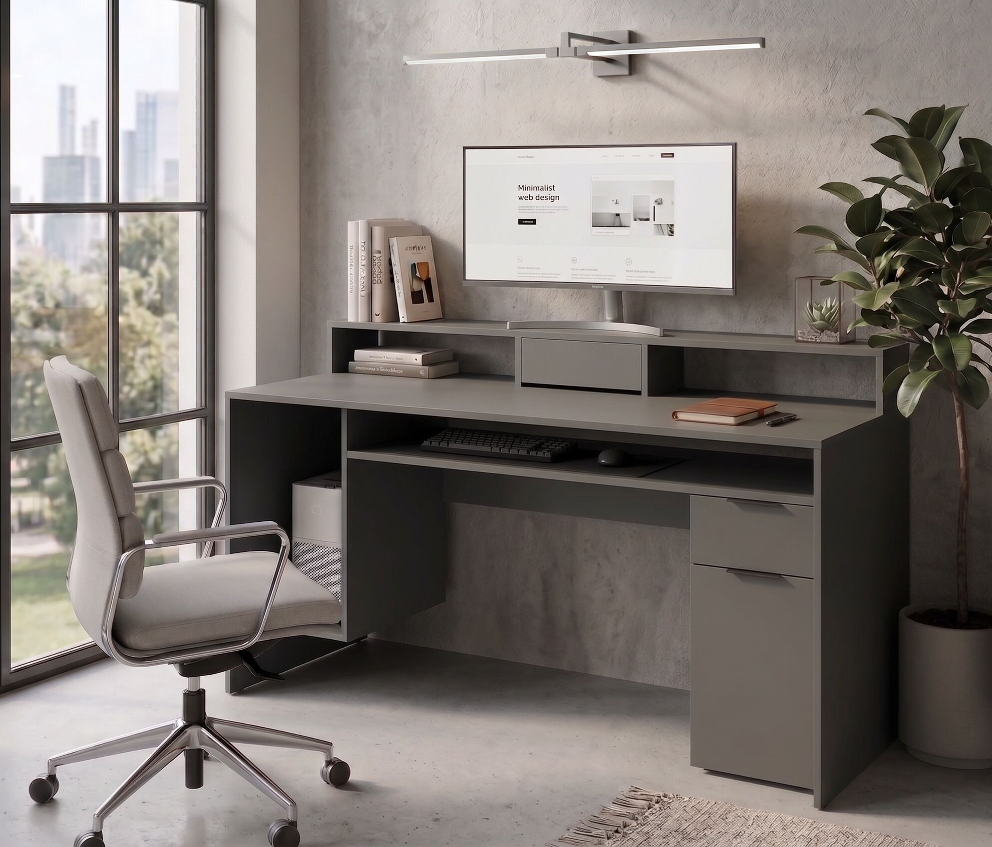 Schreibtisch GOODPRODUCT "Peooria Computertisch mit Monitoraufsatz & Towerfach, viel Stauraum", grau (graphit, graphit, graphit), B:160cm H:91cm T:70cm, Tische, Schreibtisch, Büroschreibtisch, Gamingtisch mit Schublade, modern, Breite 160 cm graphit, grap