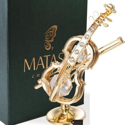 Matashi Home Decorative Tabletop Showpiece 24K Gold Plated Crystal Studded Violin on a Stand Ornament