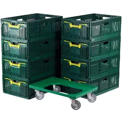 8 x Stabile Klappbox aus Kunststoff + 1 x Transportroller mit vier Lenkrollen in grün