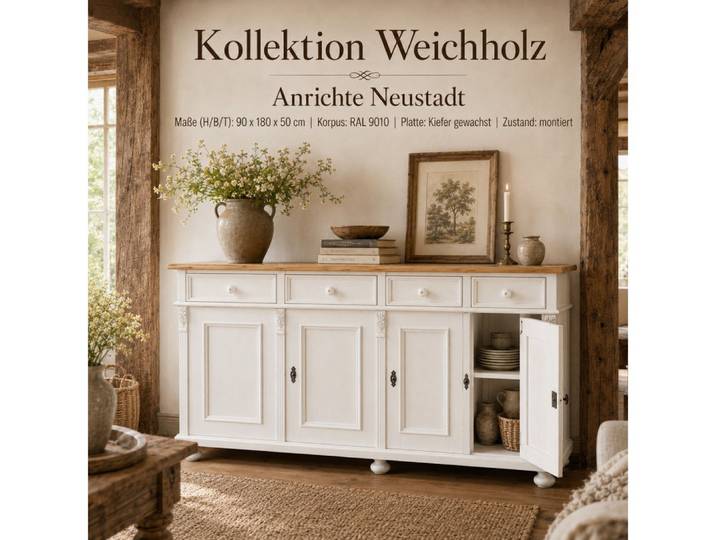 Wohnpalast Sideboard Landhaus Anrichte Neustadt aus Weichholz 180 cm Sideboard weiß