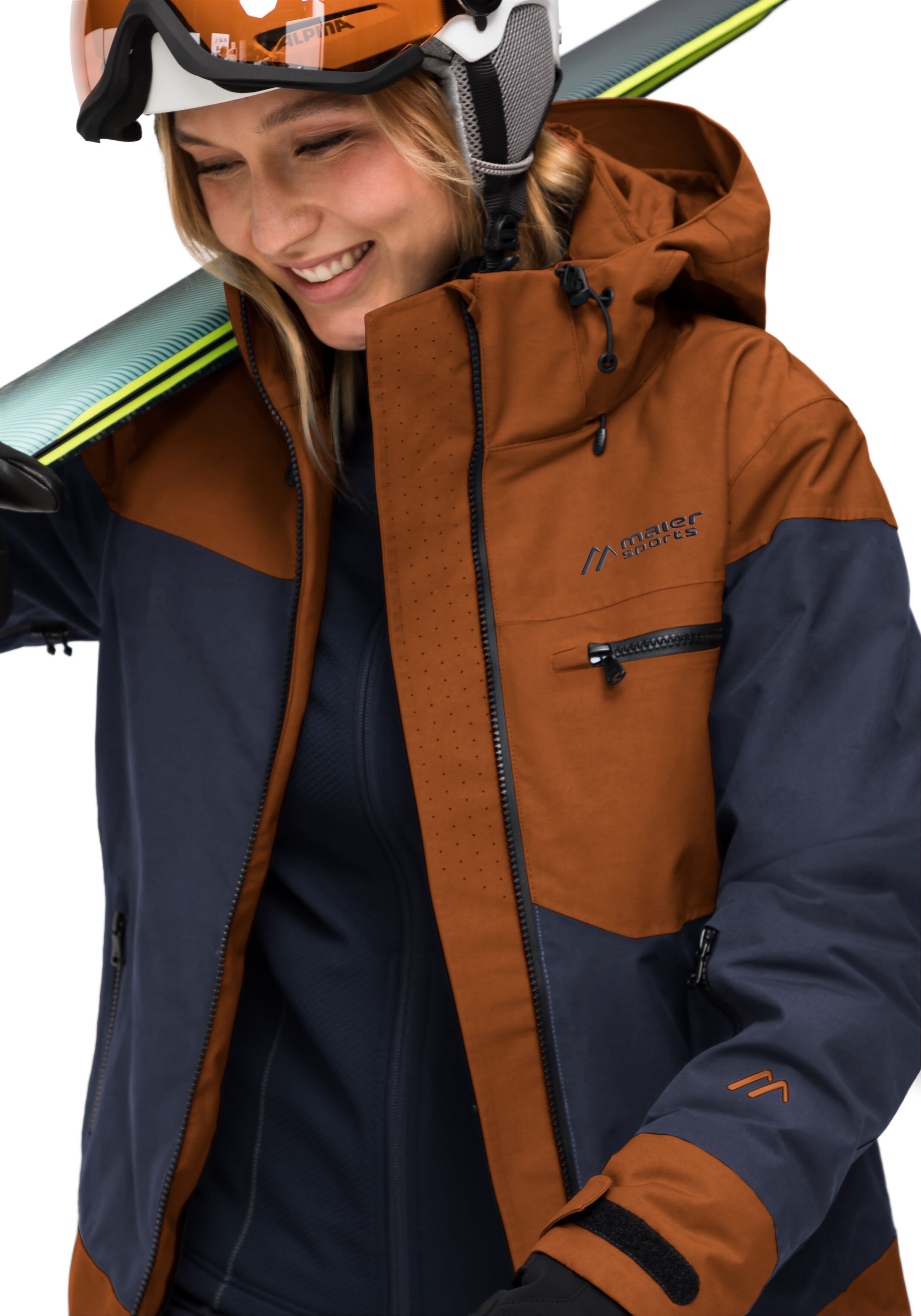 Skijacke MAIER SPORTS "Backline W", Damen, Gr. 42, braun (rostbraun), 67% Baumwolle, 33% Polyamid, Jacken Skijacke, Technische Skijacke für Freeride und Piste rostbraun 42