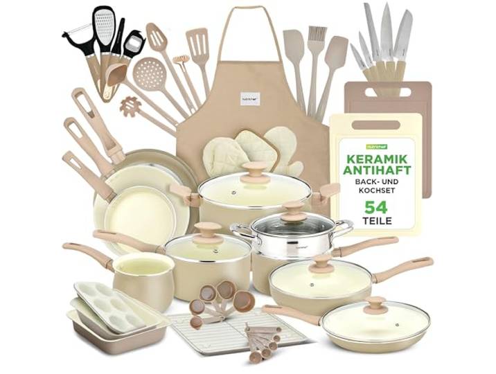 NutriChef Kochgeschirr Set 54-tlg – Pfannen, Töpfe, Küchenhelfer Taupebraun– Mit Messer, Backformen, Zubehör – Für Induktion, Gas und Elektro – Gesund und fettarm kochen