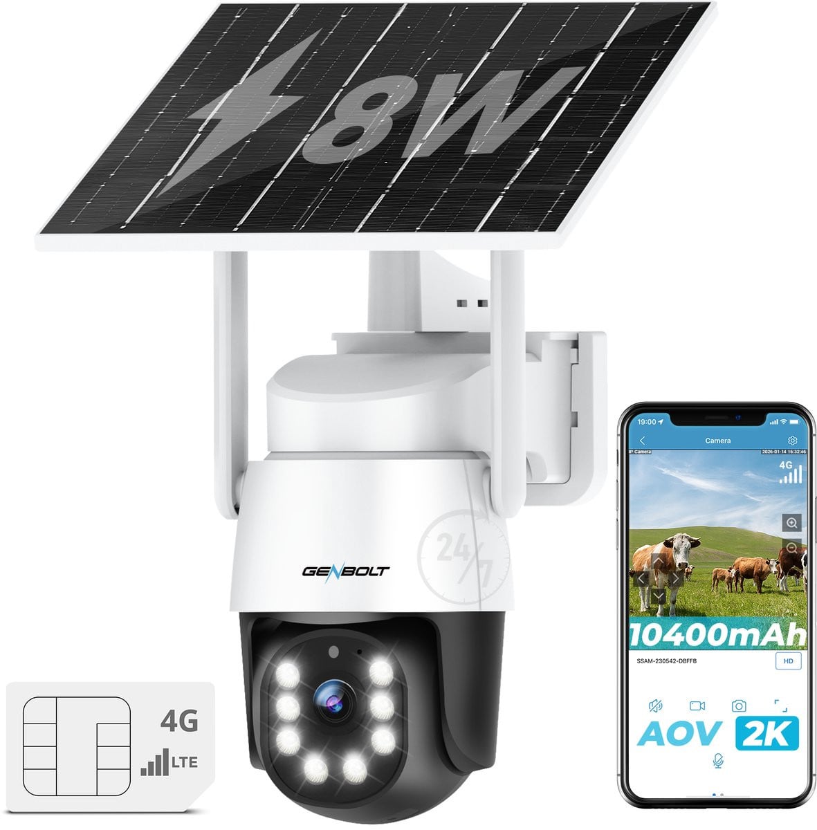 GENBOLT 4G LTE Solar Beveiligingscamera voor Buiten, 3MP PTZ Draadloze CCTV met Simkaart, 24/7 Opname, AI-Detectie en 8W Zonnepaneel