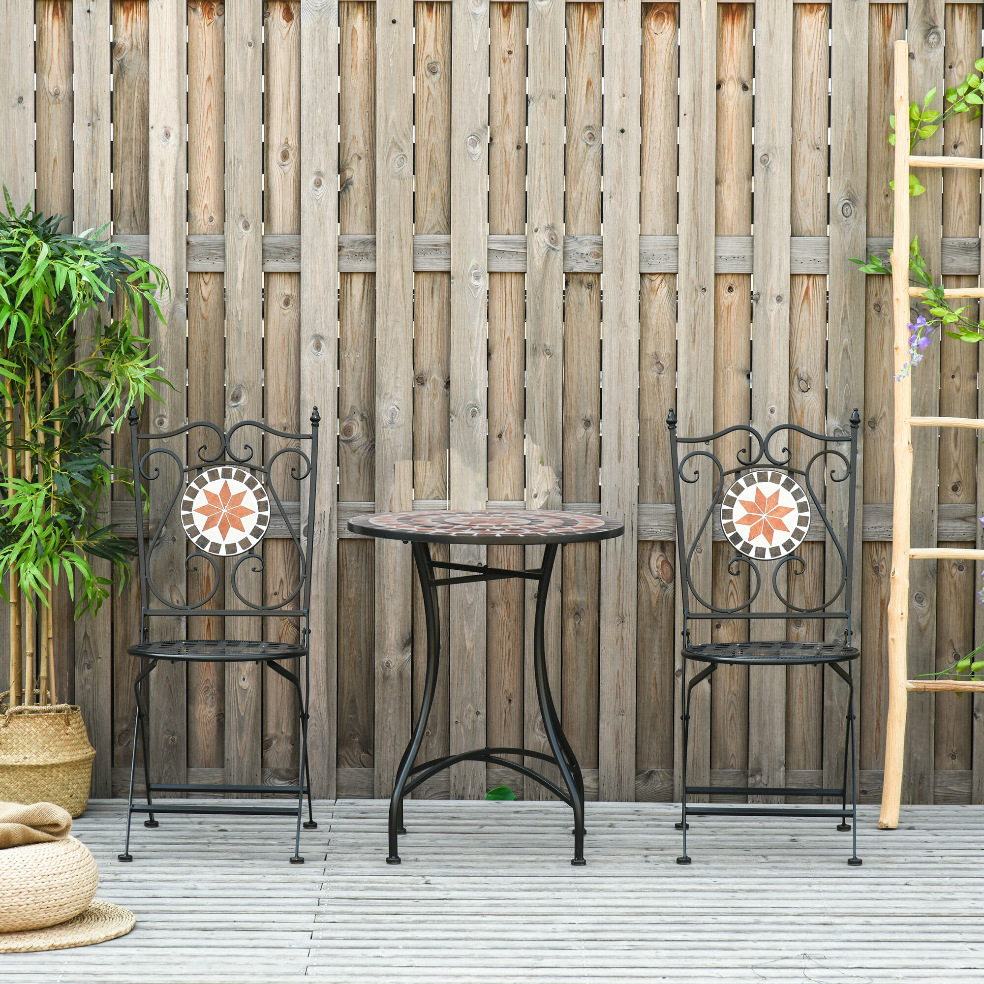 Altro Mobili Da Giardino Set Da 3 Pezzi Con 2 Sedie Pieghevoli E 1 Tavolino, In Metallo E Ceramica