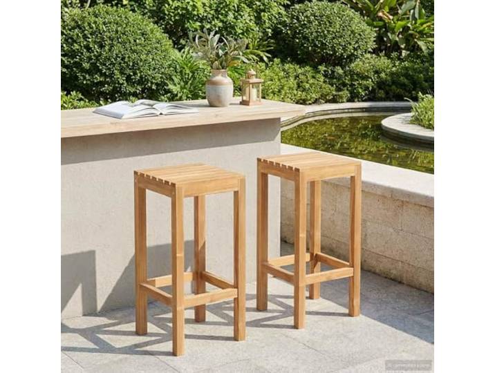 YUTAASU Barhocker 2er Set Massivholz Teak Natur Mit Fußstütze, Wetterfest, Für Balkon Terrasse Garten, Lamellensitz