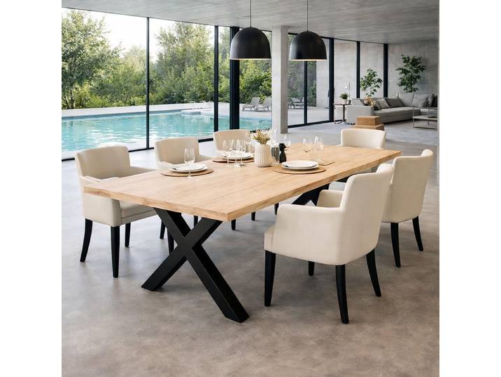 Massivholztisch Wildeiche 200x100cm White Washed, X-Gestell - gerade Kante