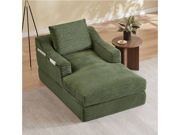 Canapé convertible 1 place vert en tissu corduroy fauteuil relax double couche extensible en lit