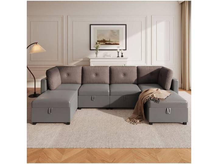 WUVRIE Canape modulable en U 6 modules avec rangement velours et velours cotele gris antique
