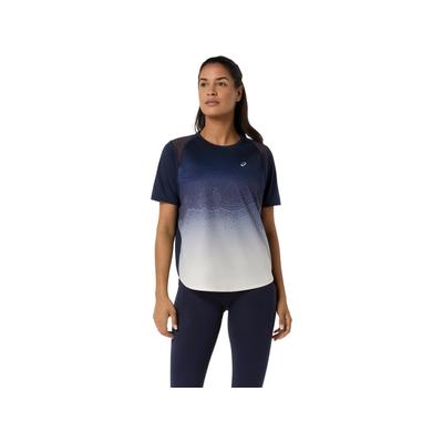 Laufshirt ASICS "ROAD FADE SS TOP", Damen, Gr. L, midnight, cream, Obermaterial: 100% Polyester, normal, Rundhals, Shirts Laufshirt, ACTIBREEZE™ Technologie, Atmungsaktiv, Reflektierend