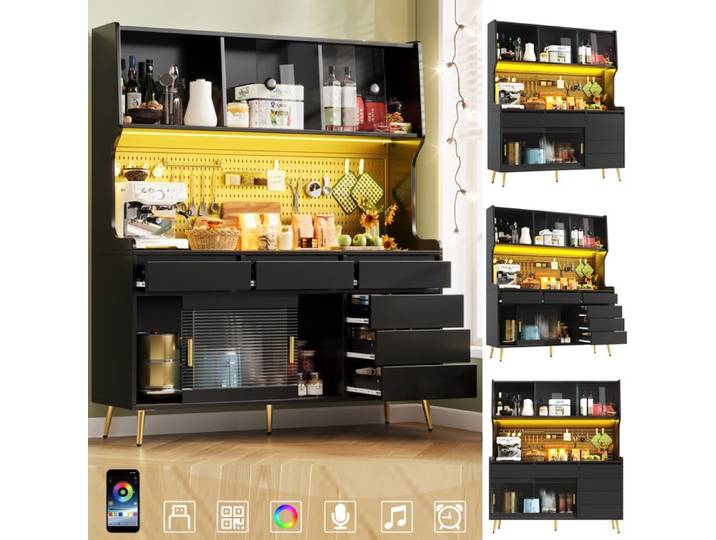 Armoire haute moderne 145x39x171 cm avec LED et app tiroir étagère et panneau perforé noir