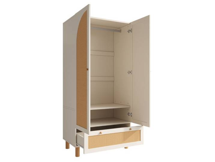 Armoire de chambre 2 portes blanche avec rotin grande tiroir étagères réglables et barre de penderie