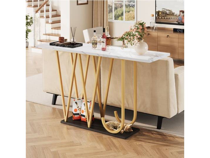 Table Console En MDF Blanc Effet Marbre Console Design FloraGrace Pour Entrée Cuisine Salon Avec Rangement Ouvert 120x29 5x80cm