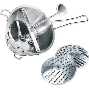 Gefu Passiermühle 24200 Flotte Lotte manuell, silber, Ø 20,5cm, mit 2 Lochscheiben, fein / mittel, aus Edelstahl, 2 Stück