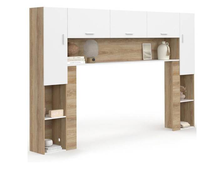 IDMarket Pont de lit Bridget 226 cm Blanc et Hêtre avec placards et étagères pour lit 140x190 ou 160x200 cm