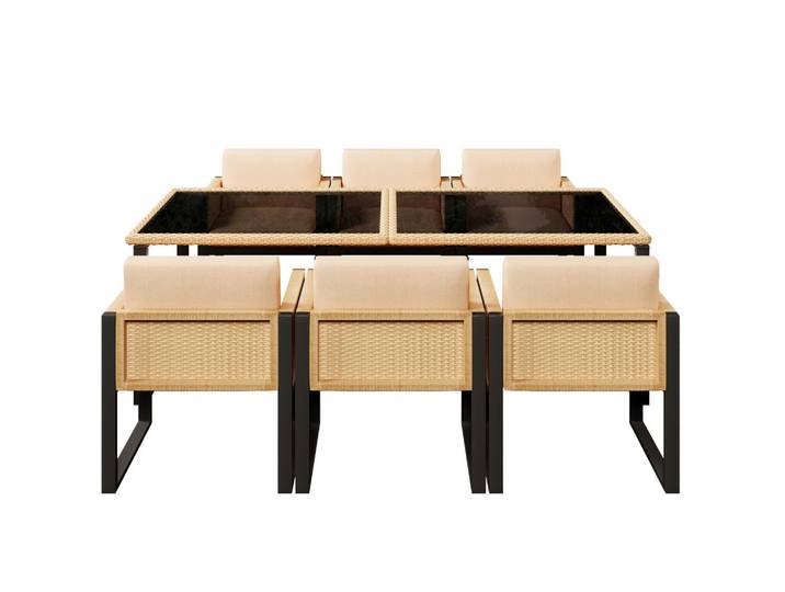 Modfu Gartengarnitur aus PE-Rattan 170x80x75 cm Schwarz/Braun mit Glasplatte, 6 Stühlen und waschbaren Bezügen, Kunststoff, Gartenmöbel, Gartengarnituren, Gartenmöbel-Sets