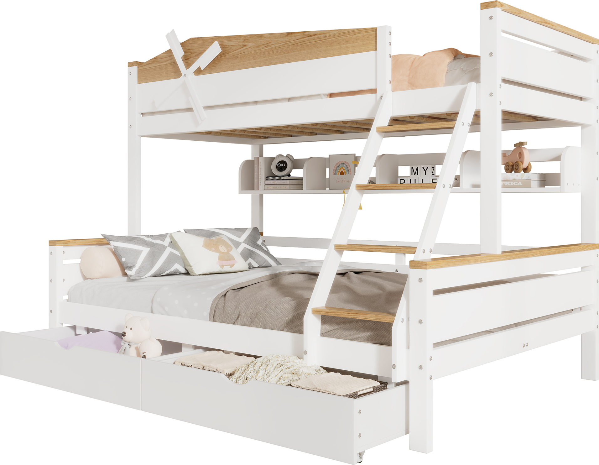 Etagenbett Windmühle, Regalen, Kinderbett, farblich abgesetztem Fallschutzgitter, vierstufigen Schrägleiter&Schubladen, Weiß+Natur,90x200cm&140x200cm