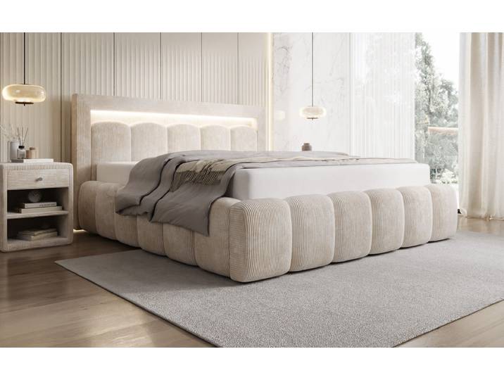 Designer Polsterbett Lume in Cord mit Stauraum und RGB Beleuchtung - 140x200 - Blush - Luxusbetten24