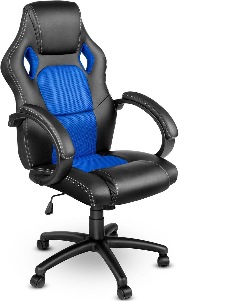 Tresko Racing directeursstoel bureaustoel met gevoerde armleuningen en wipmechaniek, zwart/blauw