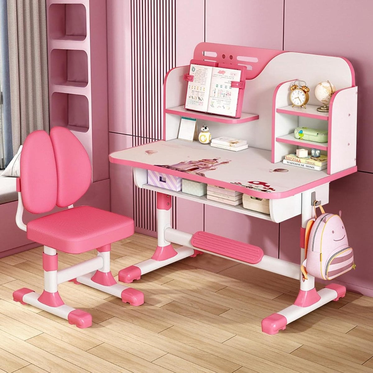Verstelbaar Kinderbureau met Stoel in Roze - Breedte: 75.5 cm