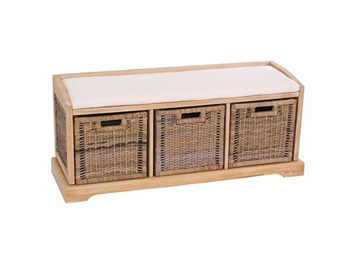 Mendler Sitzbank Bienne, 112x46x37cm - hell Aufbewahrungsbox, 3 Körbe, Kubu-Rattan-Geflecht