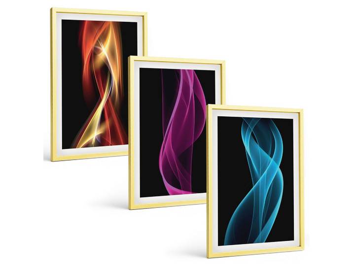 BILDER SET 3er Set - 40x60 cm Goldrahmen - Neonwellenlinien auf dunklem Hintergrund