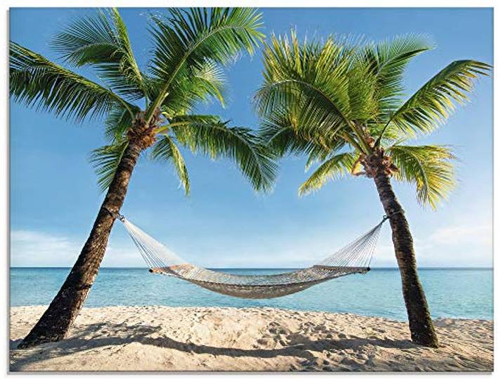 ARTland Wanddeko Glasbilder Wandbild Glas Bild einteilig 80x60 cm Querformat Strand Meer Südsee Karibik Palmen Insel Urlaub Natur Hängematte T4TO