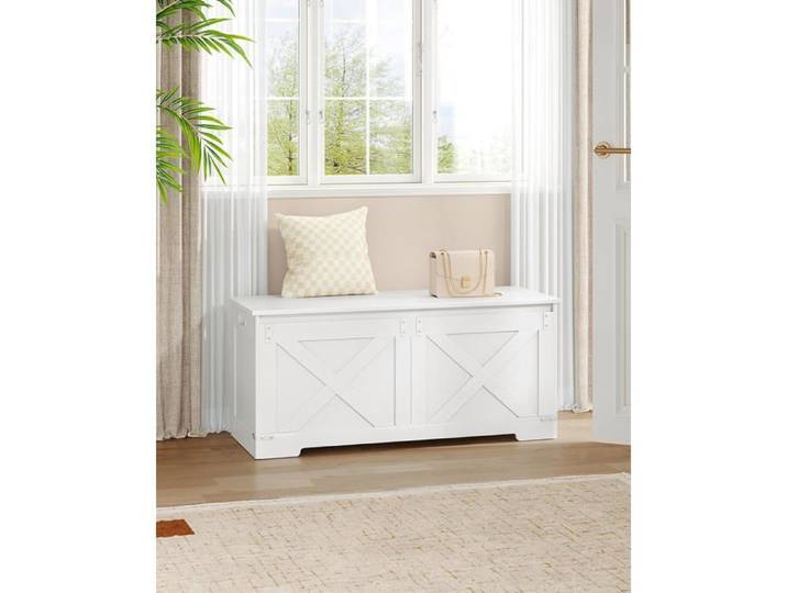 Banc de Rangement 109 cm Meuble pour Entrée avec 2 Charnières Stables Banc à Chaussures pour Couloir Chambre Salon Blanc