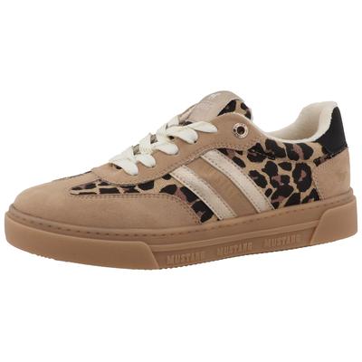 Plateausneaker MUSTANG SHOES "Rhonda", Damen, Gr. 37, beige (natur, leo), Lederimitat, Textil, Schuhe Plateausneaker, Freizeitschuh, Halbschuh, Schnürschuh mit modischen Kontrastbesätzen
