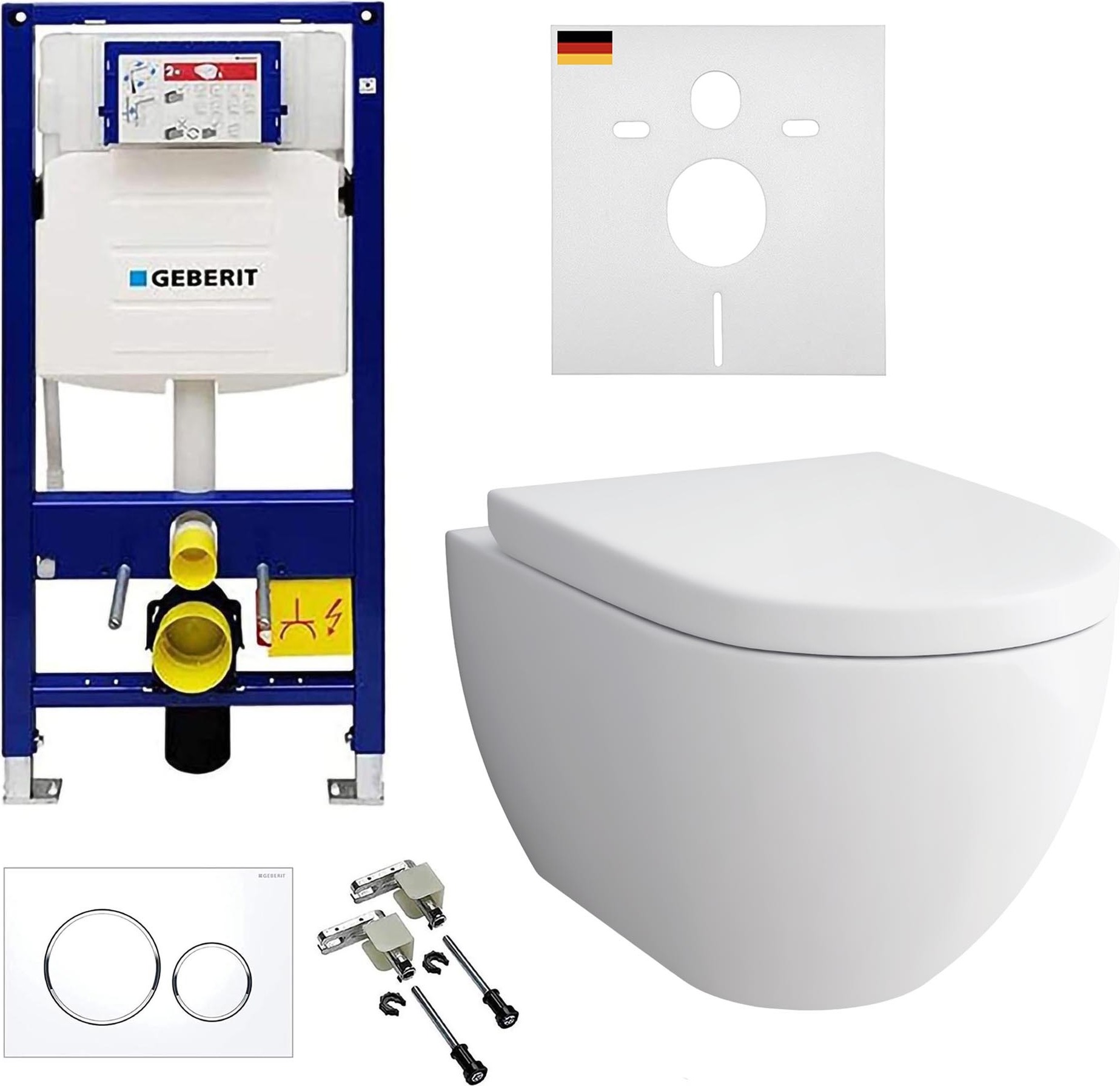 Alpenberger Hänge WC Komplettset | Wand WC Spülrandlos | Toilettendeckel mit Absenkautomatik | Geberit Spülkasten Bausatz Betätigungsplatte | Vorwandelement WC Set Komplett mit Schallschutz