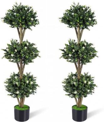 "Costway 51"" Artificial Triple Ball Boxwood Topiary Tree with 59 Blossoms Set of 2-White"