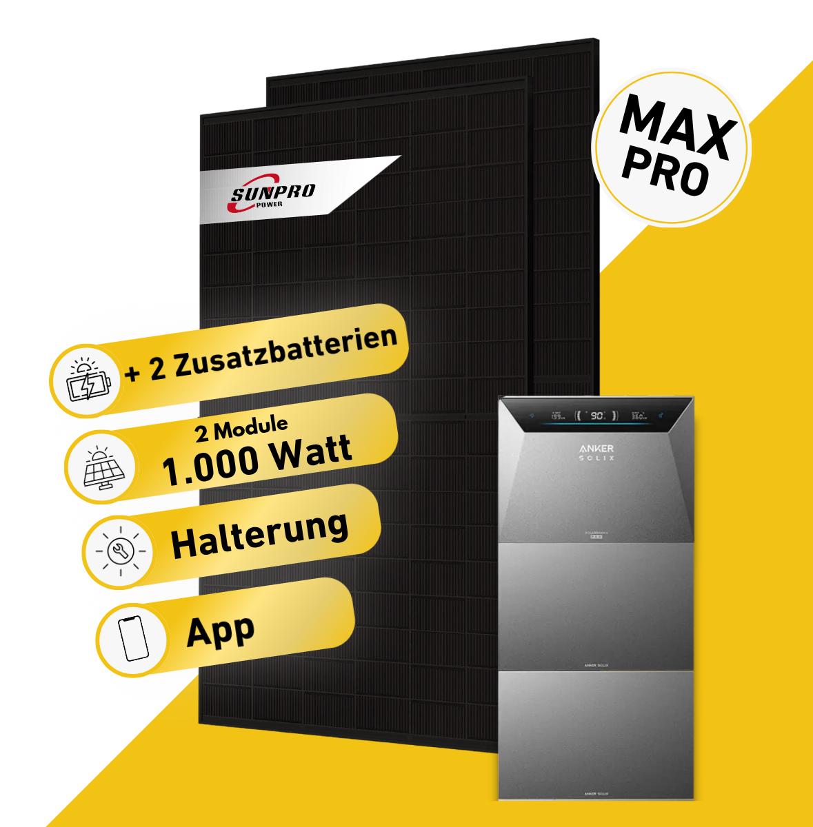 Balkonstrom Balkonkraftwerk 1000W mit Speicher | 2xZusatzspeicher | Fassadenhalterung 90 Grad | 2xSolarmodul Bifazial | Anker Solix 4 Pro |Kabel 15m