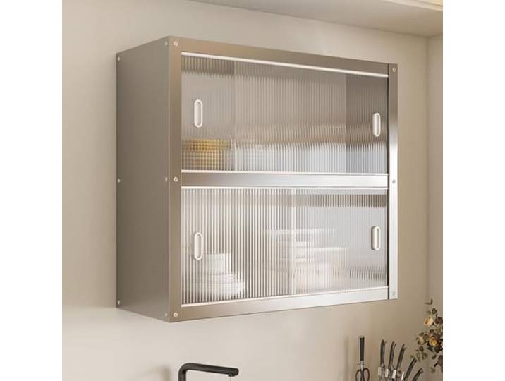 Hängeschrank Küche, Wand Hängende Küchenschränke Aus Edelstahl und Glas Leicht zu reinigender Küchenschrank aus Edelstahl, 100 kg Tragkraft für Küchen, Restaurants und Bars(120x30x70cm)