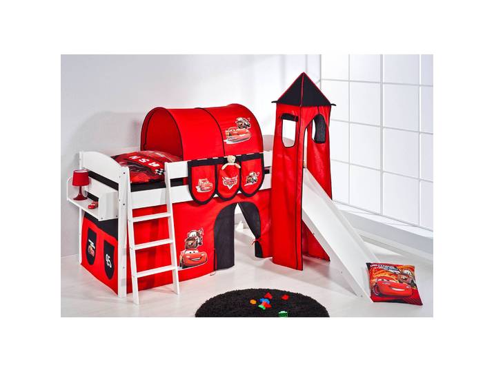 Hochbett Disney Cars 90 x 200cm Weiß mit Rutsche & Turm/mit Leiter