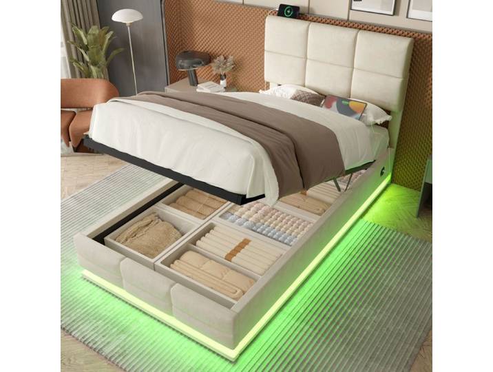 Muvoe Lit coffre en velours 90x200 - Nuitora - Lit simple - Sommier hydraulique - Tête de lit réglable - Avec LED et USB - Beige