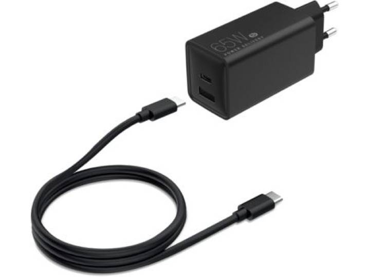 Essentielb - Chargeur Ordinateur Portable 65w Usb-A + Usb-C + Cable Usb-C 2m Noir