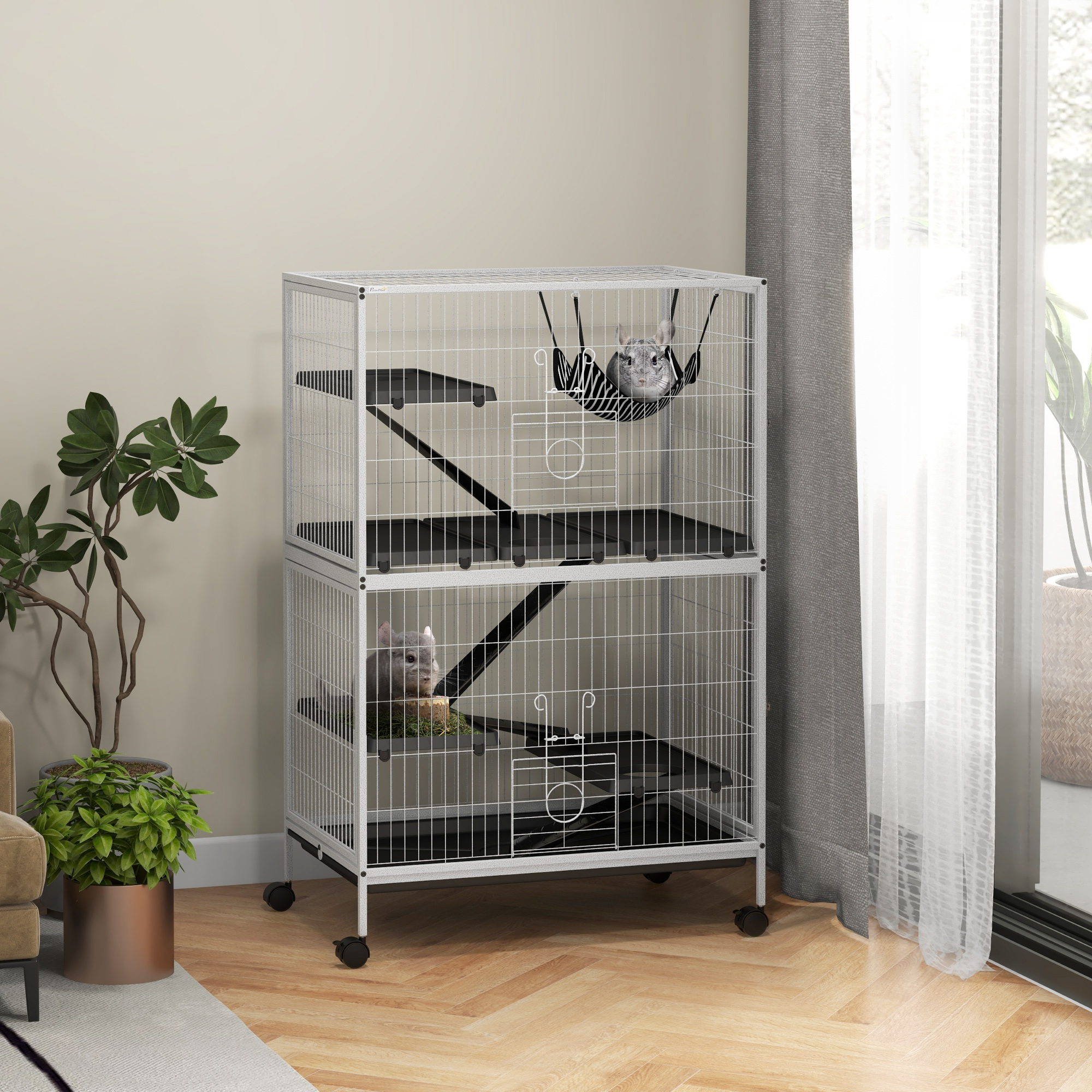 Pawhut Gabbia per Animali Piccoli con Ruote Rampe Amaca e Vassoio Estraibile per Cincillà Furetti 80x52x128 cm Bianco   Aosom Italy