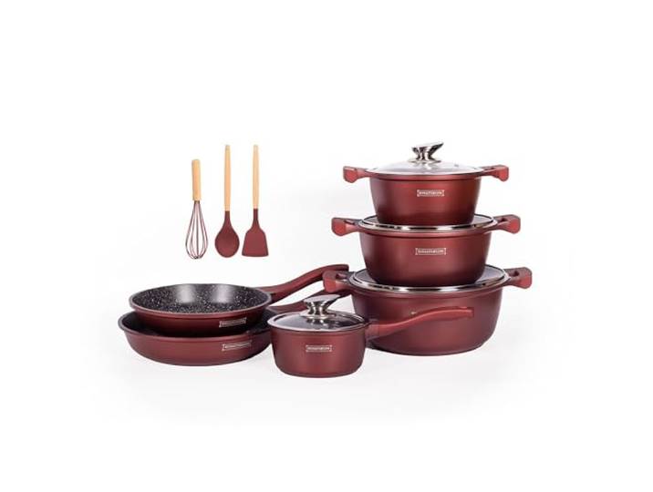 ROYALTY LINE, 13-teiliges Set, Kochgeschirr aus gegossenem Aluminium, marmorierte Beschichtung, mit abnehmbaren Silikongriffen, für alle Herdarten geeignet, Farbe Bronze