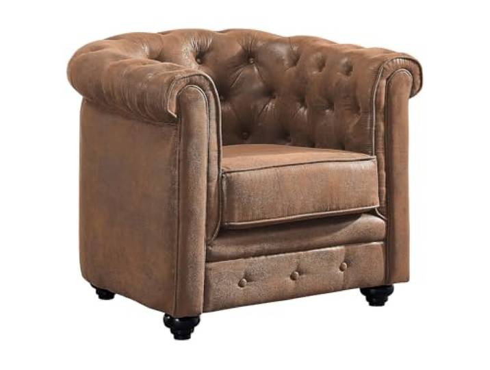 Vente-unique Chesterfield Sessel Braun – Microfaser Vintage-Look – Kapitoniert – Abnehmbarer Sitz – 1 Person – Montiert geliefert – Max. 120 kg