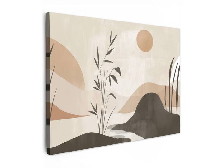 MuchoWow Leinwandbild - Japandi - Landschaft - Beige - 80x60 - Malerei, Cognac, Textil, Kiefer, Abstrakt, Rechteckig, 80x60 cm, gerahmt, Bilder & Rahmen, Bilder, Wandbilder