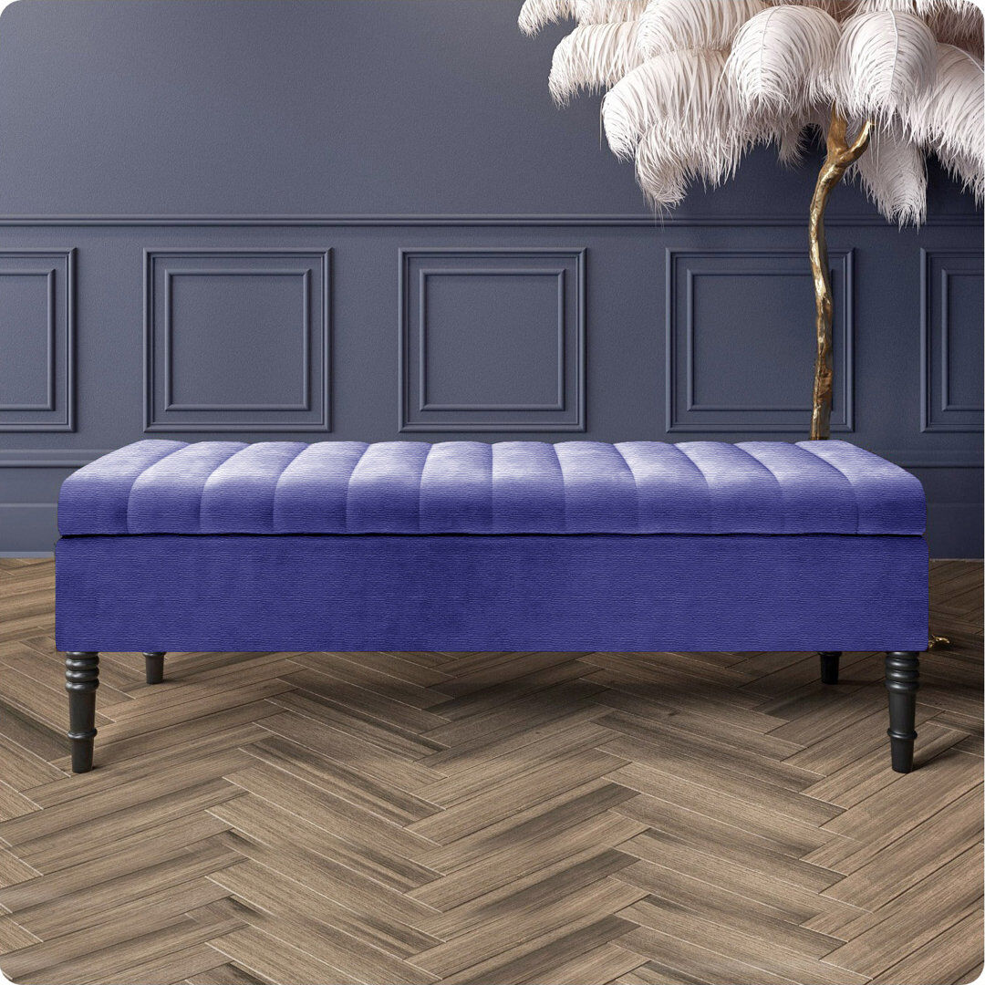 R&M Furnishers Safar Striped Ottoman Storage Bench – Upholstery Naples Shoe Bench with Black Turned Wooden Legs Blue